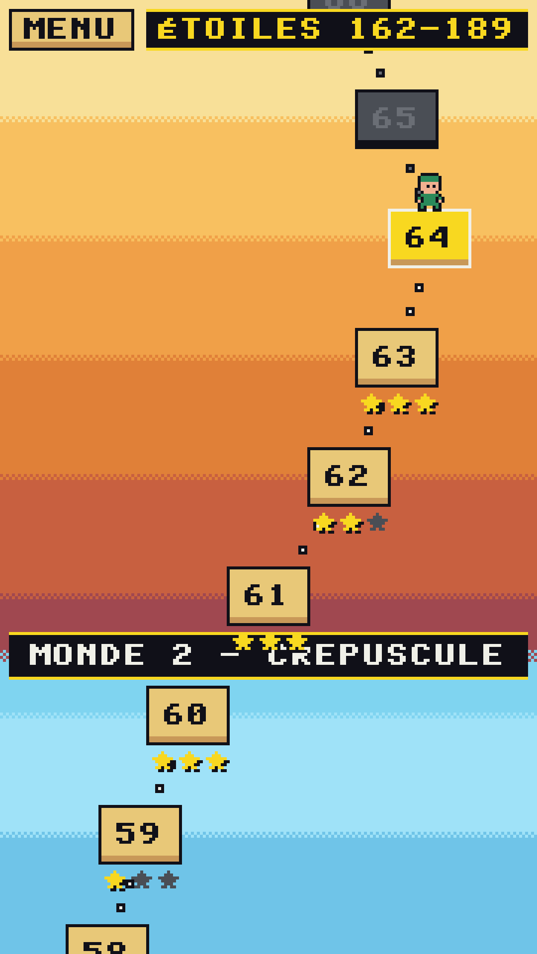 La carte du mode Histoire : les niveaux s'enchaînent, avec leurs étoiles.