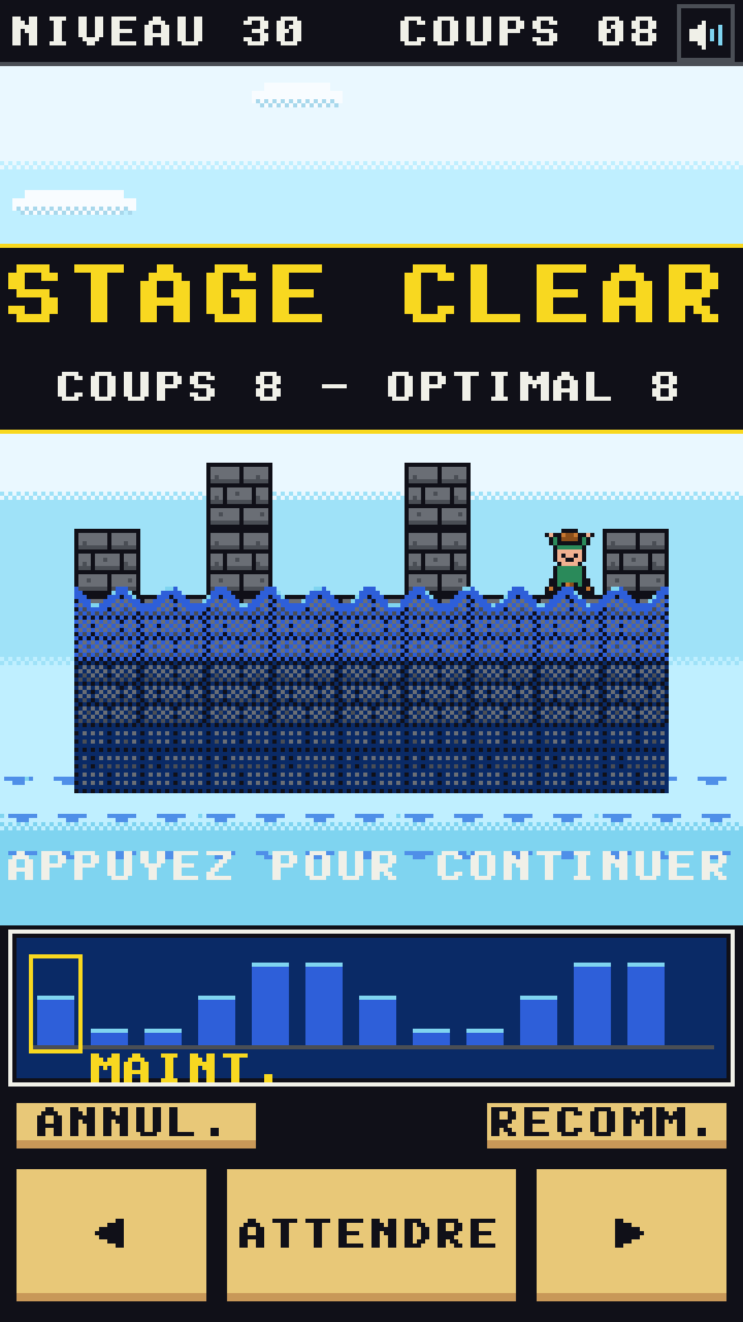 Écran de niveau réussi : nombre de coups et score optimal.